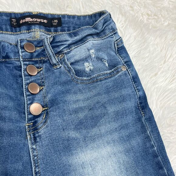 Dollhouse Long Distressed Denim Shorts Size 5 / 6 Juniors Jean Blue Button Fly - Picture 3 of 7